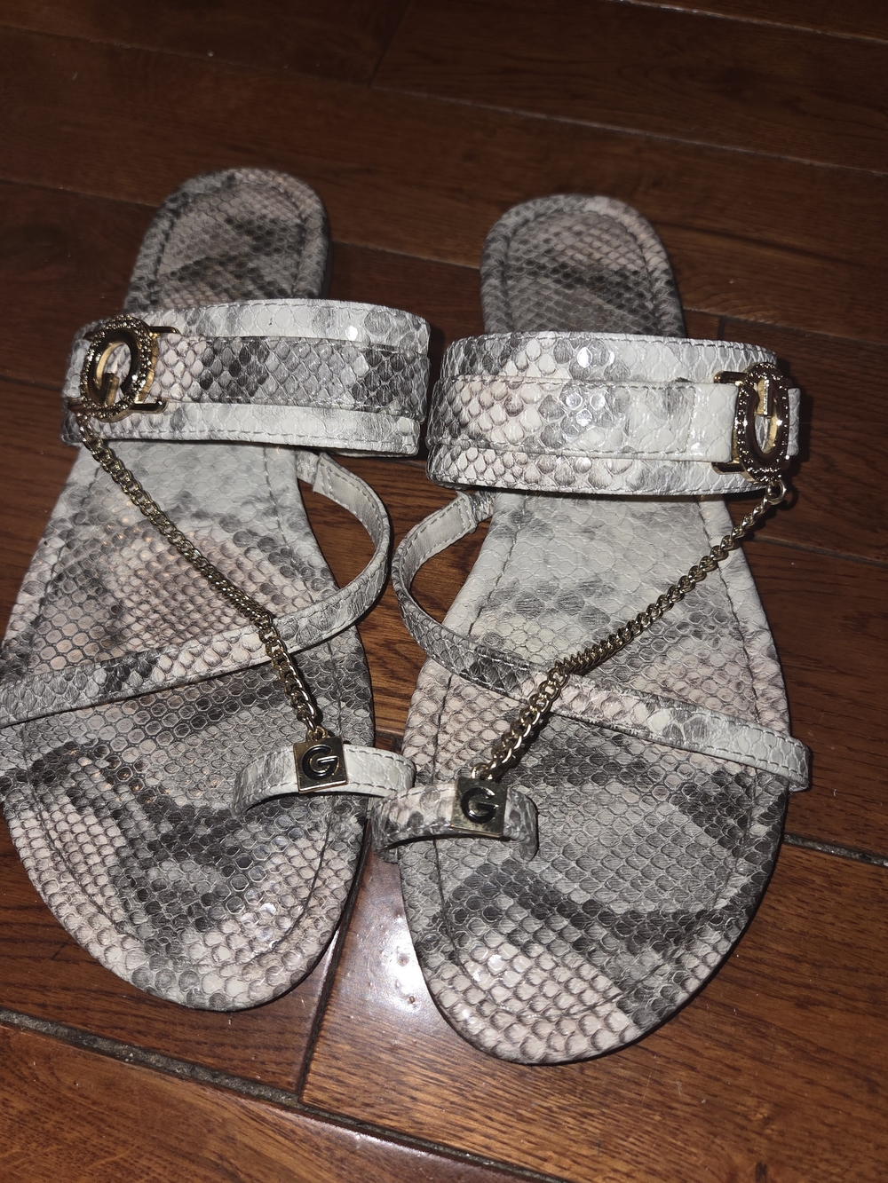 G by Guess Snake-Print Chain Strap Sandals in Beige and Gray